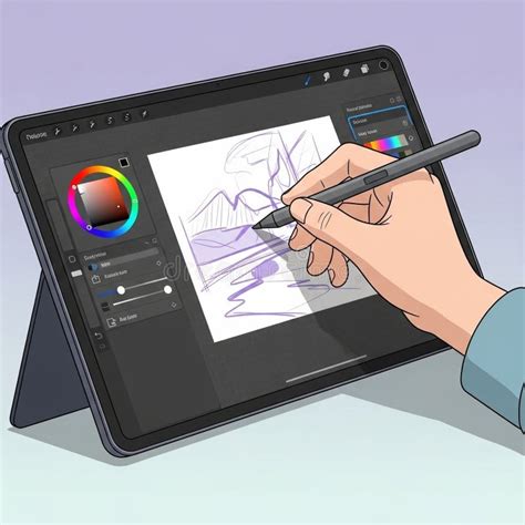 Artist using a stylus on a tablet, with a Procreate interface visible