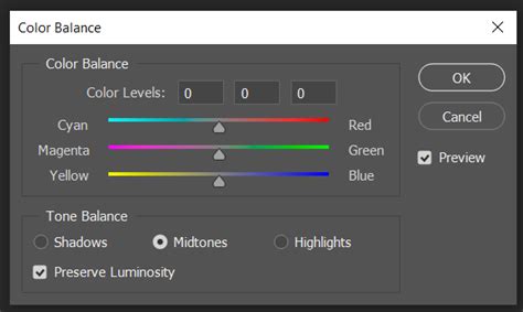 Photoshop Color Balance Adjustment Layer Settings for Shadows
