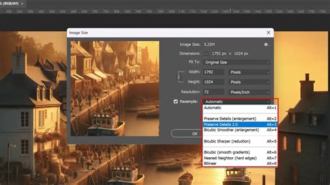 Photoshop Image Size dialog with Resample checked and interpolation options