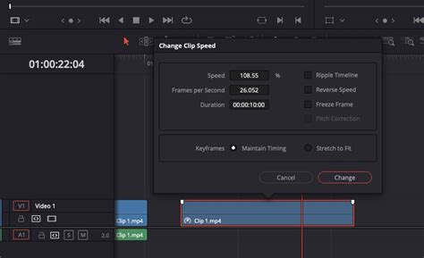 DaVinci Resolve Change Clip Speed menu