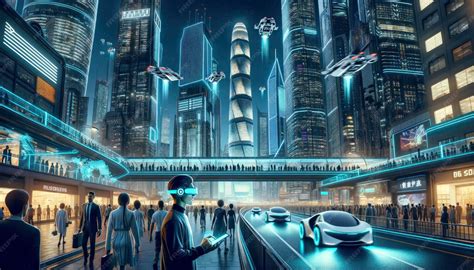 A futuristic cityscape with holographic advertisements