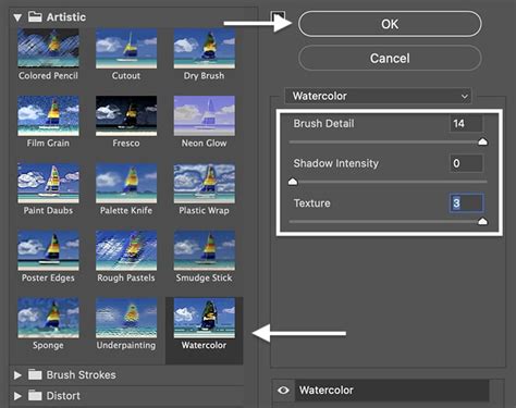 Screenshot showing the Filter Gallery with the Watercolor filter selected