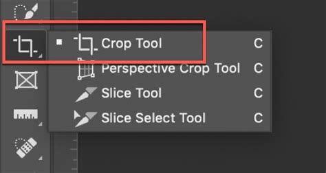 Screenshot highlighting the Crop Tool icon in the Photoshop toolbar.