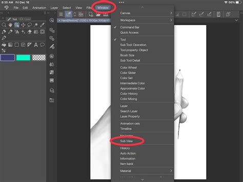 Clip Studio Paint interface showing the View menu with Rotate/Invert options highlighted