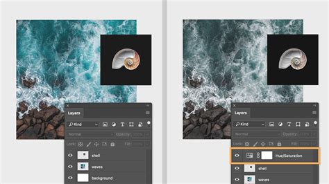 Comparison of an image with and without Adjustment Layers applied