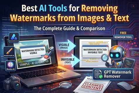 Infographic showing different types of watermark removal tools: official license, desktop software, online tools, mobile apps