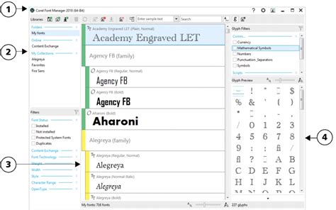 Screenshot of Corel Font Manager interface with font filtering options