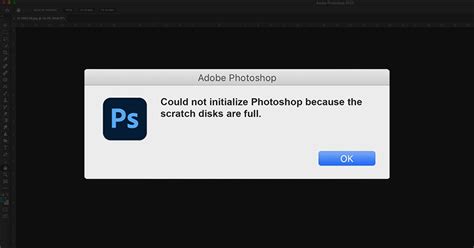 Photoshop interface with a crashed file message