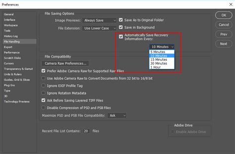 Photoshop Preferences window showing File Handling settings