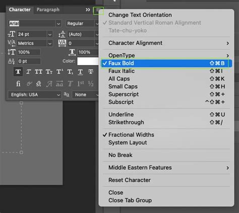 Photoshop Character panel with Faux Italic option highlighted