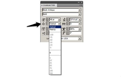InDesign Character panel showing tracking option