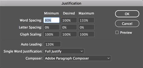 InDesign Justification settings dialog box