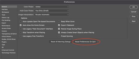 Screenshot of the Photoshop General Preferences dialog box with 