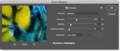 Screenshot of Photoshop's Smart Sharpen dialog box