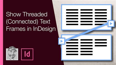 InDesign document showing blue lines connecting linked text frames.