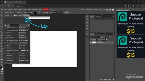 Screenshot of Photopea's Type Tool and Font Dropdown Menu with 