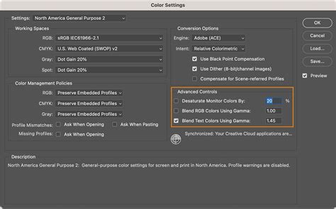 Photoshop Color Settings dialog showing RGB and 16 Bits/Channel
