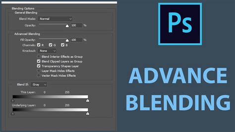 Photoshop interface with text layer and blending options visible