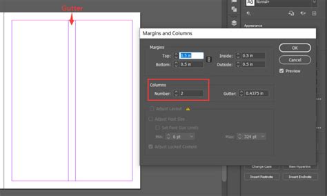 Adobe InDesign showing manual adjustment of column guides