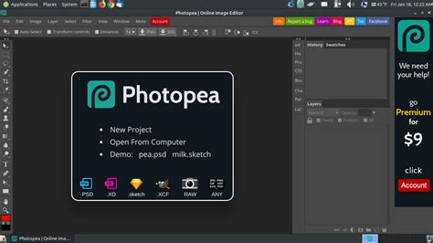 Photopea interface with new project dialog open