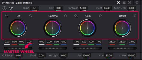 DaVinci Resolve color page with primary wheels