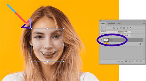 Face layer in Photoshop with reduced opacity, showing alignment with the original face