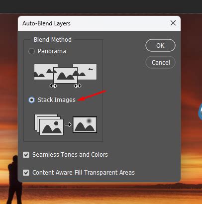Screenshot of the Auto-Blend Layers dialog box in Photoshop