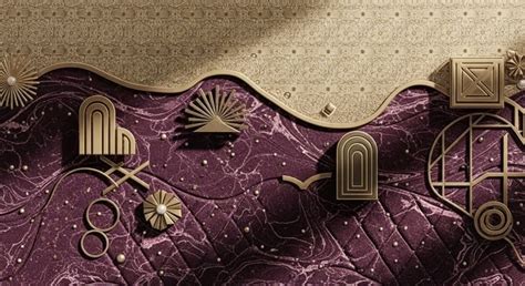 A design showcasing metallic gold accents against a deep aubergine background