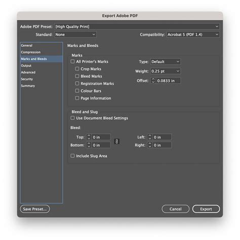 InDesign Export PDF dialog box with Marks and Bleeds options