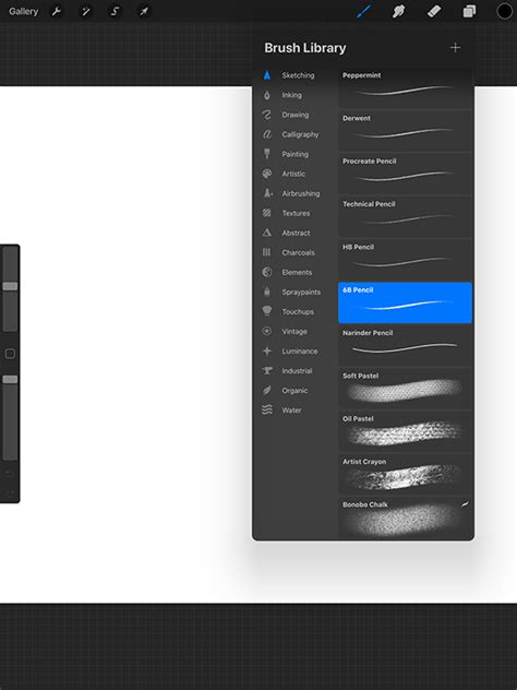 Procreate app interface with various brush settings visible
