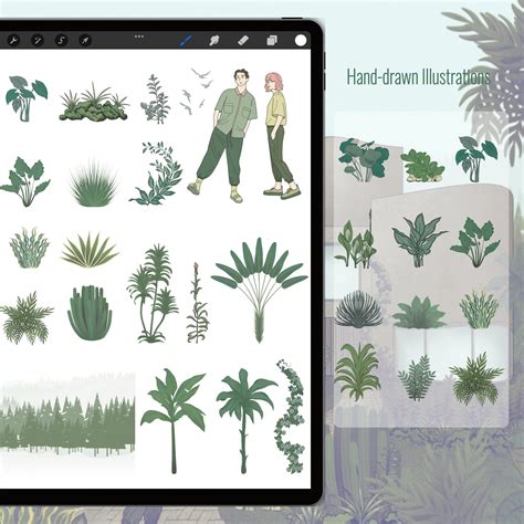 Collage of simple Procreate illustrations: palm tree, rainbow, dog, cat