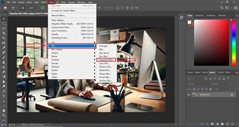 Photoshop interface showing Gaussian Blur settings
