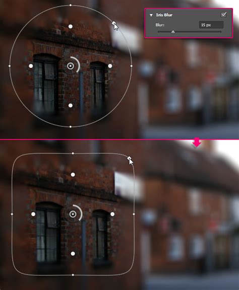 Photoshop Iris Blur interface with adjustable blur area