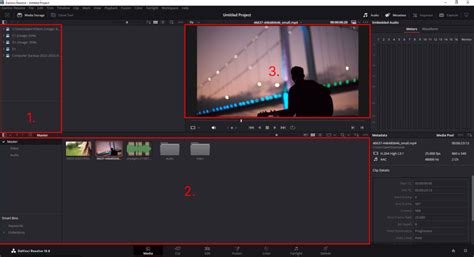 Screenshot of DaVinci Resolve Media page showing Media Storage, Viewer, and Audio panels side-by-side