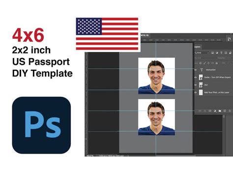 Photoshop interface with a passport photo template open