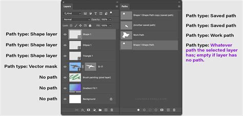 Photoshop Paths panel showing various saved paths