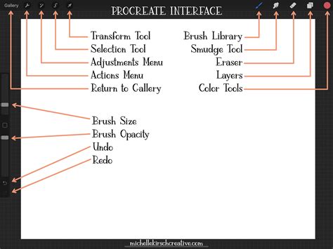 A diagram illustrating the Procreate interface with key tools highlighted