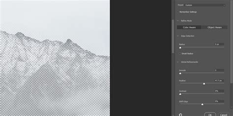 Screenshot of Photoshop's Select and Mask workspace with feather slider highlighted