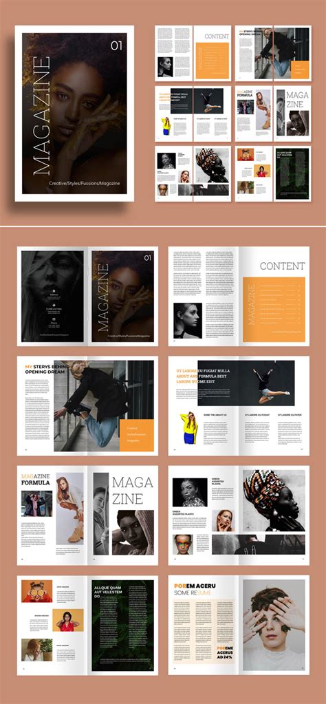 Collage of different InDesign project examples: magazine, brochure, business card, eBook cover