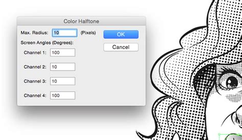 Illustration showing the steps to create a halftone effect in Adobe Illustrator, including applying the Color Halftone filter.