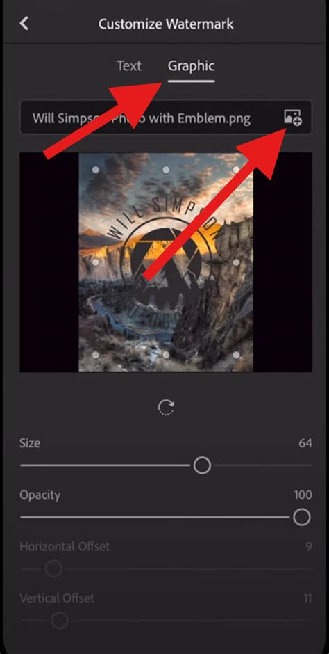 Lightroom mobile interface showing watermark customization options
