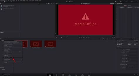 DaVinci Resolve timeline with media offline clips