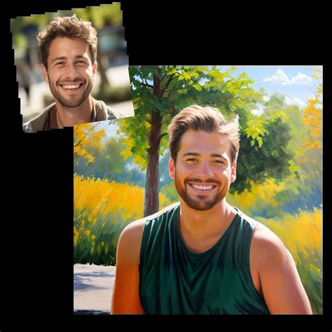 Before and after comparison of a photo transformed into an oil painting