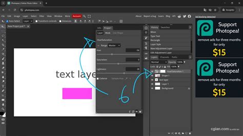 Examples of Layer Styles applied to text in Photopea