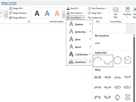 Screenshot of PowerPoint's Text Effects > Transform menu showing various curve options