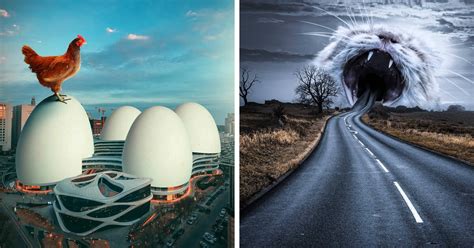 Example of a composite image created in Photoshop, showing a surreal scene with multiple elements blended together