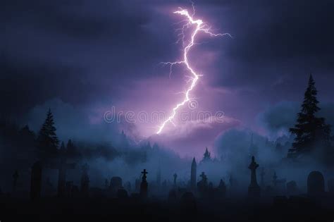A cemetery at night with a dramatic lightning strike