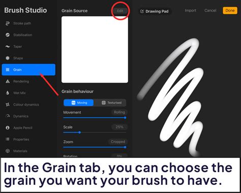 Procreate brush settings panel showing grain and texture options