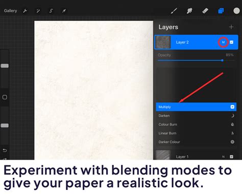 Procreate canvas showing a paper texture applied as a layer with blending modes