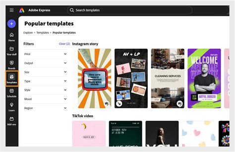 Adobe Express interface showcasing templates